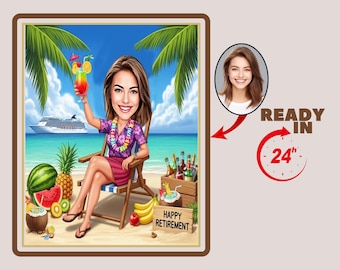 Custom Beach Caricature, Vacation Cartoon, Caricature from Photo, woman Enjoying at beach,summer caricature,Retirement Vacation Cartoon