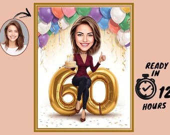 Custom 60th Cartoon Portrait | 60th Caricature | Personalized Happy Birthday Caricature Drawing | 60th Birthday Cartoon, Birthday Caricature