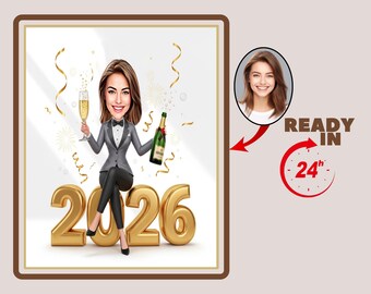 Personalized New Year 2026 Cartoon Portrait, Custom New Year Celebration Caricature Drawing from Photo, Funny New Year Caricature Gift