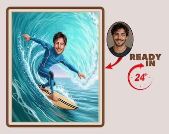 Custom Surfer Cartoon Portrait | Personalized Surfer Drawing | Gift For Surf Boarder | Surf Boy Gift | Surf Lover Gift Idea | Water Sport