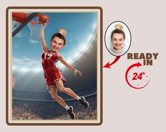 Custom Female Basketball Player Cartoon Portrait Basketball Fun Gift Basketball Caricature Gift for Basketball Player Girl