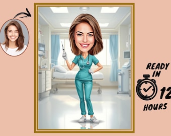 Personalized Female Nurse Cartoon Portrait, Custom Nurse Caricature Drawing from Photo, Funny Nurse Caricature, Gift for Nurse