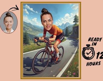 Personalized Woman Cyclist Cartoon Portrait, Cyclist Gift for Women, Female Cyclist Caricature, Biker Caricature from Photo, Cyclist Cartoon