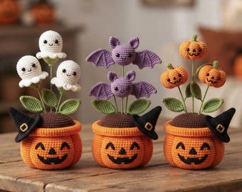 Virkmönster för Halloweenpumpaplantering i PDF-format, virkmönster för spökblommor, amigurumi för fladdermus, pumpadekorationer, virkmönster för Halloween i PDF-format.