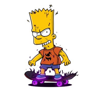 Peut inclure: Illustration de Bart Simpson faisant du skateboard. Bart, avec une peau jaune et des cheveux jaunes hérissés, porte un t-shirt orange avec un motif noir. Il est sur une planche à roulettes noire avec des roues violettes, entouré de flammes violettes, avec une expression en colère.