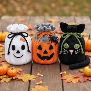 Halloween Drawstring Treat Bags Crochet Pattern PDF, Ghost Candy Bag Pattern, Pumpkin Bag, Black Cat Bag, Halloween Crochet Decor.