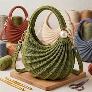 May include: A crescent-shaped olive green crochet handbag featuring a ribbed texture, a single top handle, and a detachable shoulder strap. The bag is accented with a large white faux pearl bead at the handle attachment point and gold-tone hardware.