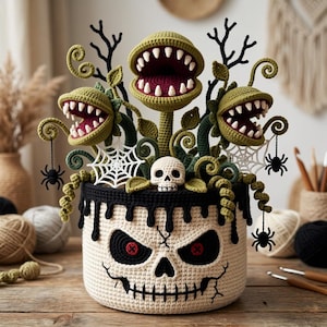 Pode incluir: Uma cesta de crochê com um rosto de caveira e gotas pretas, contendo três plantas carnívoras verdes com dentes brancos, uma pequena caveira branca e teias de aranha brancas com aranhas pretas penduradas em vinhas verdes.