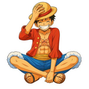 May include: A cartoon illustration of a smiling character wearing a straw hat, red jacket, blue shorts, and sandals. The character is sitting cross-legged with a visible chest tattoo. The image has a white background.