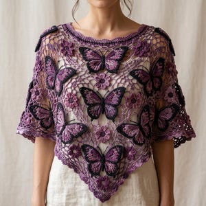 May include: A purple crochet poncho featuring an intricate openwork pattern adorned with multiple three-dimensional butterfly motifs and small floral accents. The garment has a wide neckline, short sleeves, and a pointed hemline in shades of violet.