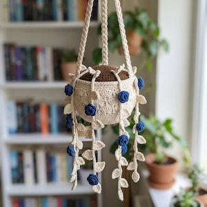 Crochet Floral Hanging Planter Pattern, Flower Pot Wall Hanging Crochet PDF, Blue Rose Vine Decor, Boho Plant Holder Pattern