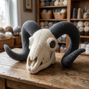 May include: A crochet ram skull sculpture featuring a cream-colored cranium and dark gray curved horns. The piece is crafted with visible yarn stitches, creating a textured surface that mimics the anatomical structure of a ram's head and horns.