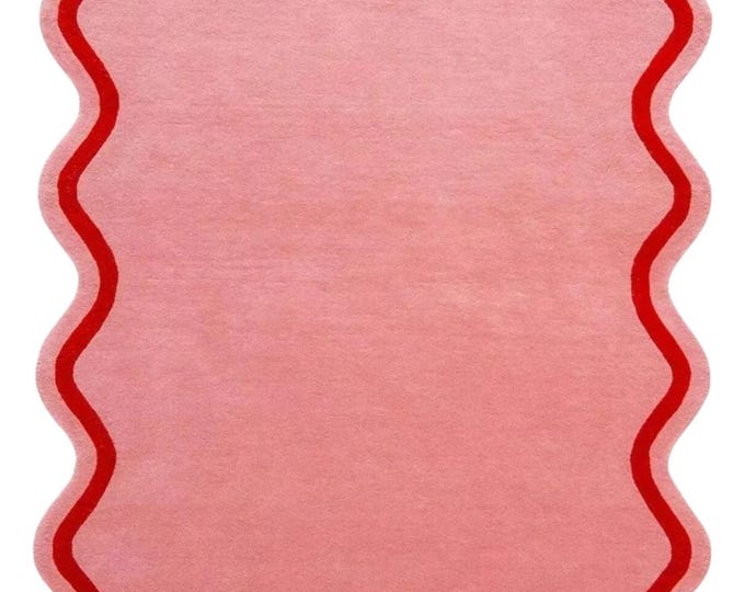 Pink Abstract Wool Rug-Scalloped Hand Tufted Modern