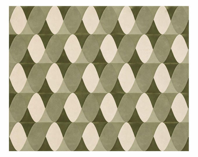 70s Geometric Hand Tufted Rug | Olive Green Abstract Oval Carpet | Scandinavian Minimalist Floor Decor