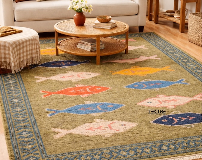 Hand Knotted New Zealand Wool Fish Rug – Artisan Coastal Living Room Carpet