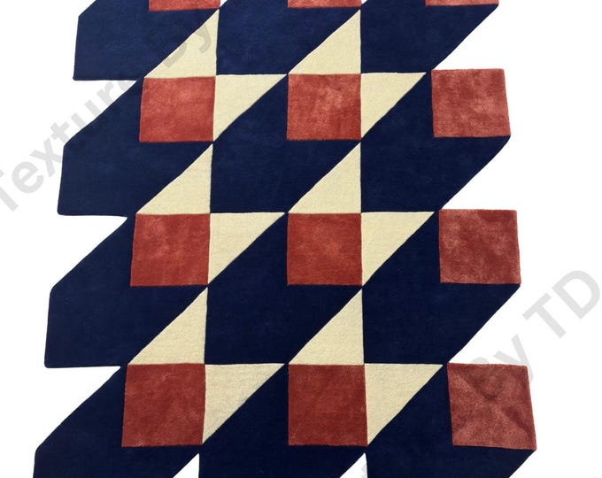 Hand-Tufted Wool-Silk Rug – 3D Optical Pattern, Navy Blue & Orange