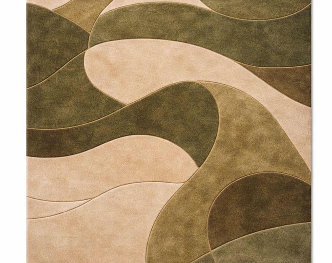 Modern Moss Green Abstract Hand-Tufted Wool Rug | Geometric Multicolor Organic Living