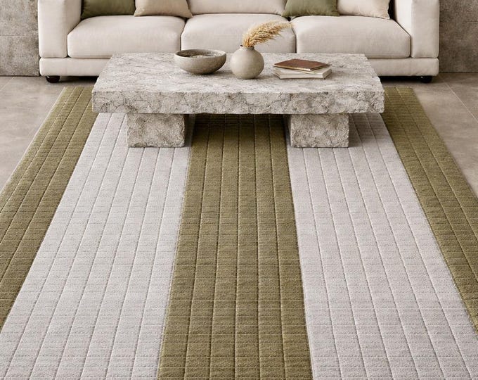 Hand-Knotted Wool Grid Area Rug, Cream & Sage Green, Sustainable Organic Decor new pattern design