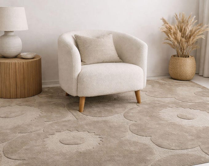 Hand Tufted Wool Area Rug | Abstract Floral Geometric Design, Light Beige Carpet