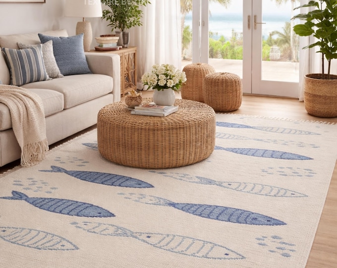 Hand Knotted New Zealand Wool Blue Fish Rug – Artisan Coastal Living Room Carpet