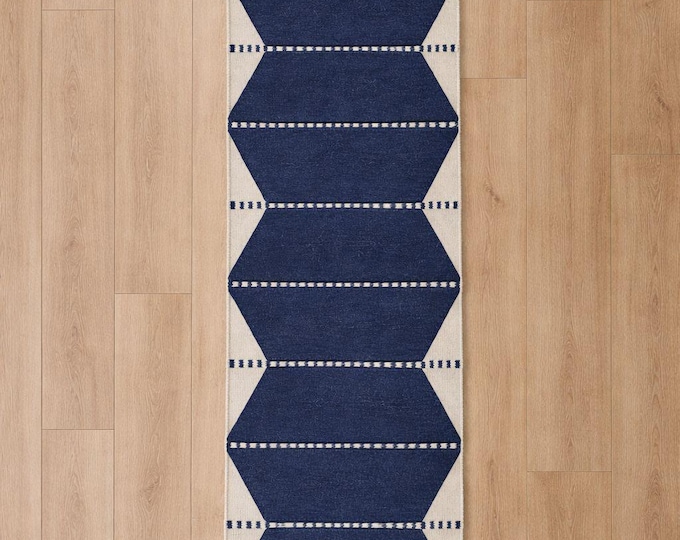 Hand Knotted Blue Wool Runner Rug, Geometric Berber Tribal Carpet