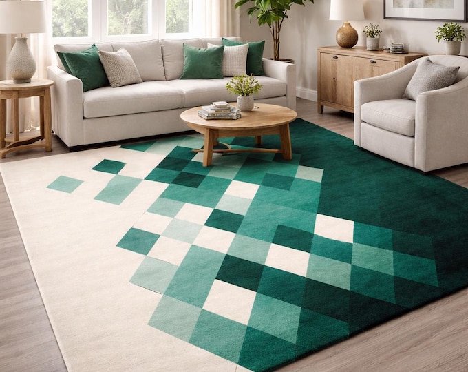 Hand Tufted Green Diamond Rug, Organic Sage Green Wool Area Carpet