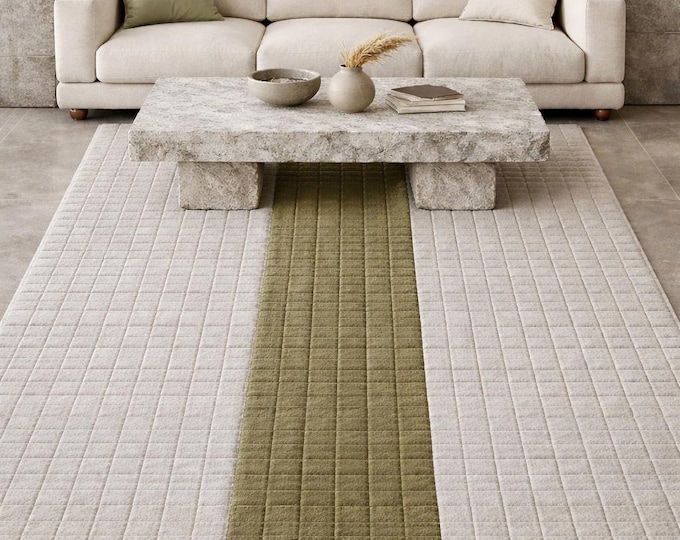 Hand-Knotted Wool Grid Area Rug, Cream & Sage Green, Sustainable Organic Decor