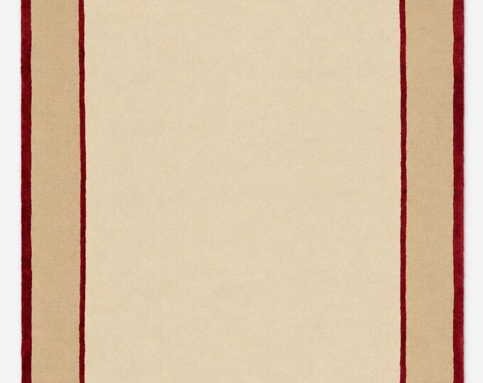 Handloom Wool Carpet, Beige Area Rug with Red Border, Minimalist Living Room Decor