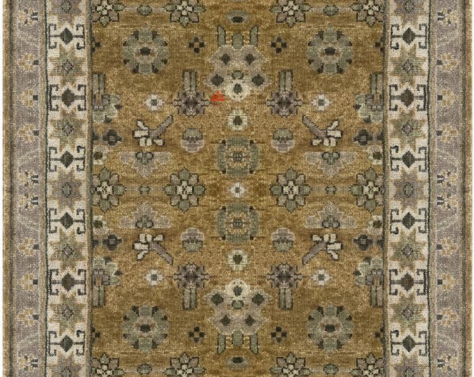 Hand Knotted Wool Rug | Tribal Oushak Style Green Anatolian Carpet
