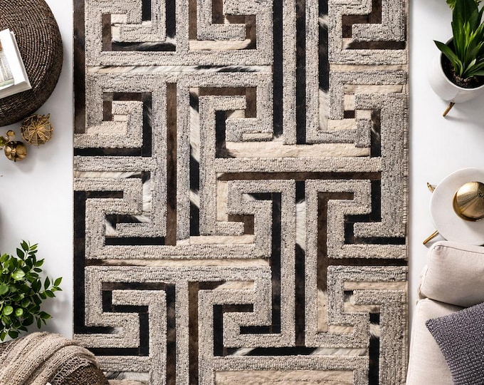 Handmade Natural Leather & Wool Area Rug, Modern Geometric Maze Carpet, Textured Abstract Pattern