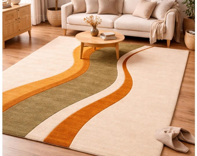 Hand Tufted Wool Rug – Abstract Beige, Orange, Olive Waves Area Carpet