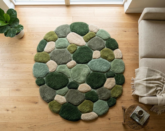 Hand Tufted Green Pebble Rug | Neutral Soft Wool Area Carpet