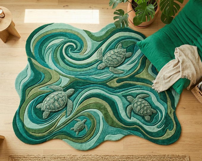 Ocean Turtle Hand Tufted Rug, Green Wave Wool Carpet