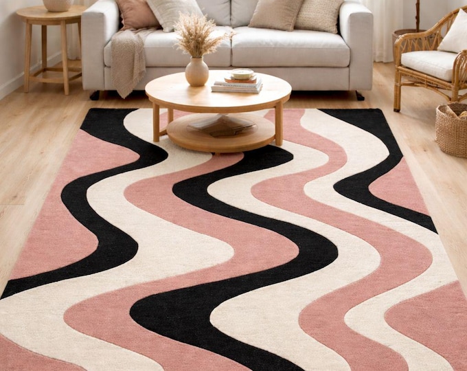 Hand-Tufted Wool Rug | Wave Abstract, Pink Statement Carpet