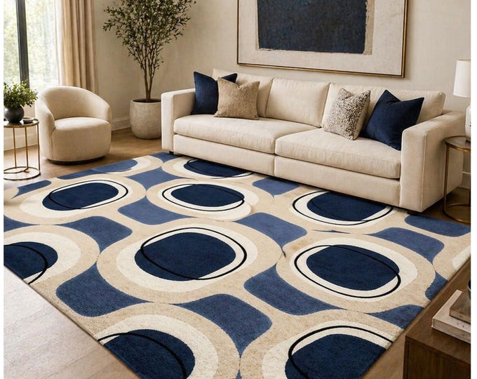 Mid Century Modern Geometric Rug, Navy Blue Beige Abstract Carpet, Scandinavian Living Room Decor