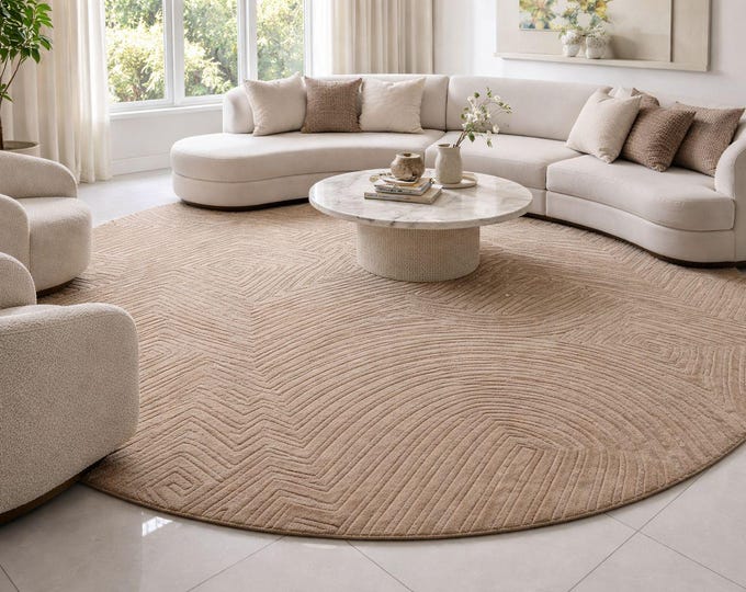 Hand-Tufted Geometric Maze Rug | Tonal Beige Wool Blend, Circular Area Carpet