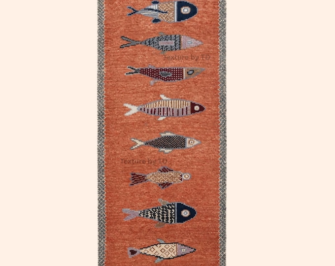 Boho Fish Runner Rug, Coastal Folk Art Carpet, Terracotta Orange Tribal Design