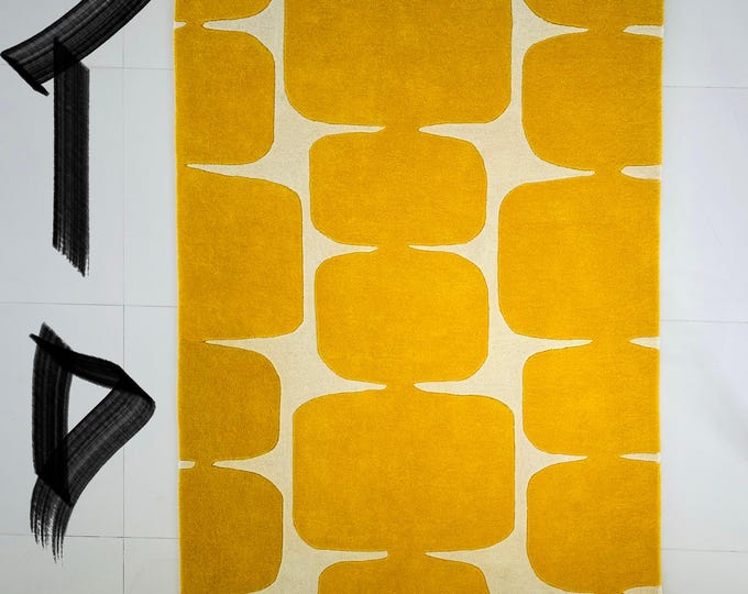 Hand Tufted Modern Yellow Area Rug – Abstract Geometric Wool Carpet – Contemporary Living Room Bedroom