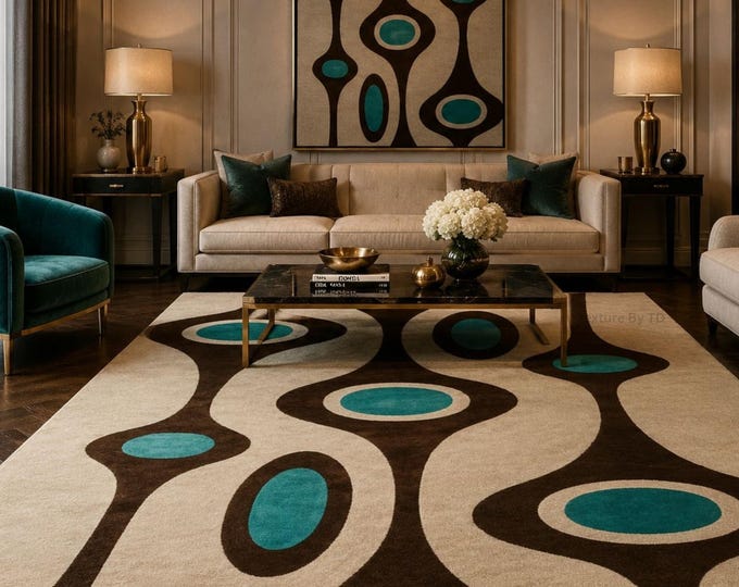 Mid Century Modern Abstract Rug, Teal Brown Cream Geometric Living Room Carpet