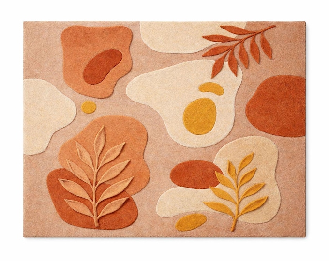 Hand Tufted Wool Rug, Abstract Botanical Organic Shape, Beige Terracotta Boho Area Carpet