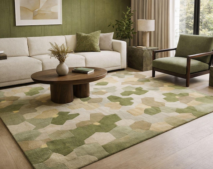 Abstract Geometric Area Rug, Modern Earth Tone Carpet, Neutral Green Beige Living Room Decor