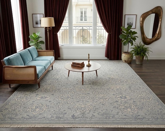 Oushak Carpet 9x12 | Vintage Blue Wool Rug, Floral Tribal Motifs