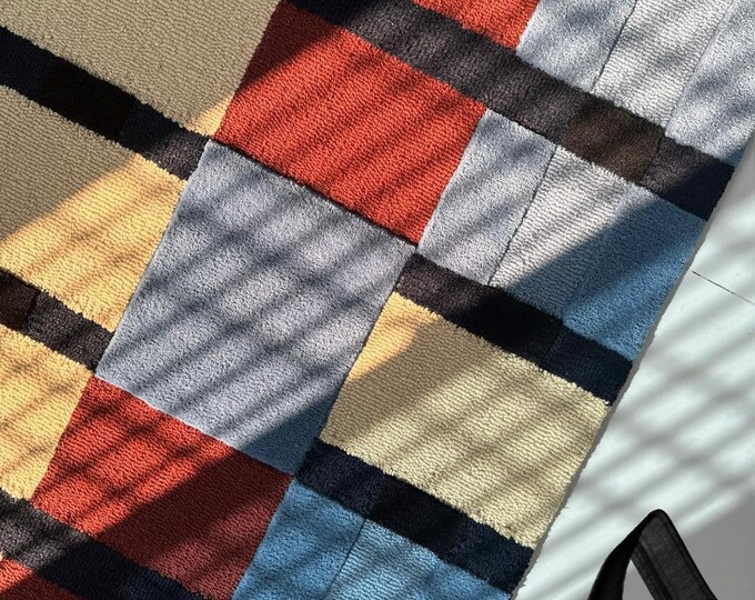 Modern Geometric Area Rug | Abstract Block Pattern, Blue Burgundy Cream Black