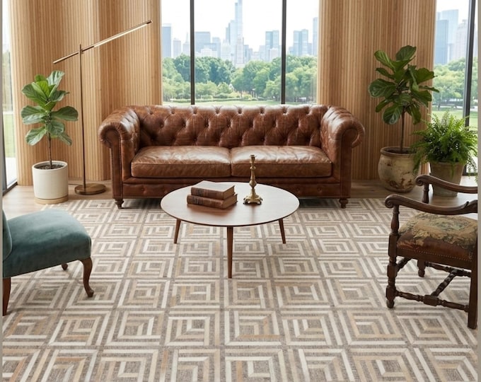Natural Hair-on Hide Leather Rug, Geometric Patchwork Floor Mat, Modern Textured Area Rug