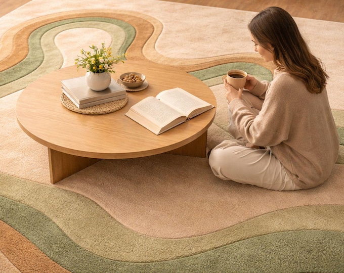 Hand Tufted Abstract Rug, Ecru Beige Wavy Carpet, Neutral Green Brown Accents