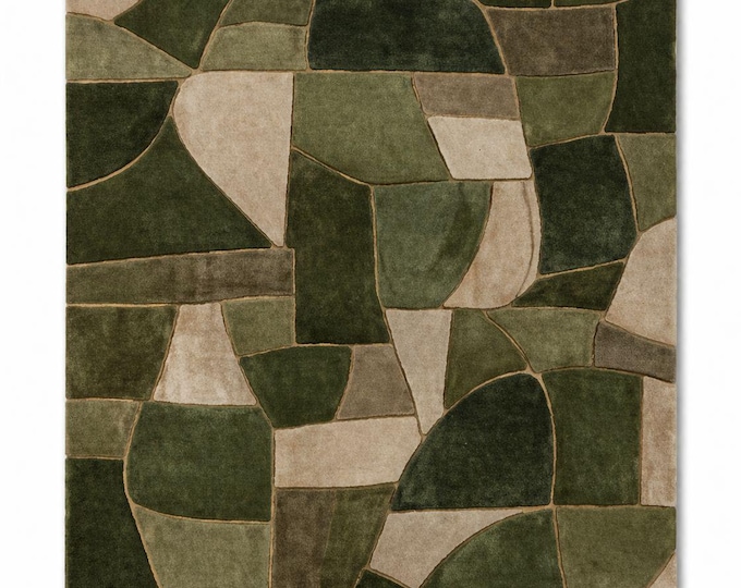 Modern Moss Green Abstract Hand-Tufted Wool Rug | Geometric Multicolor Organic Living Room Statement Carpet