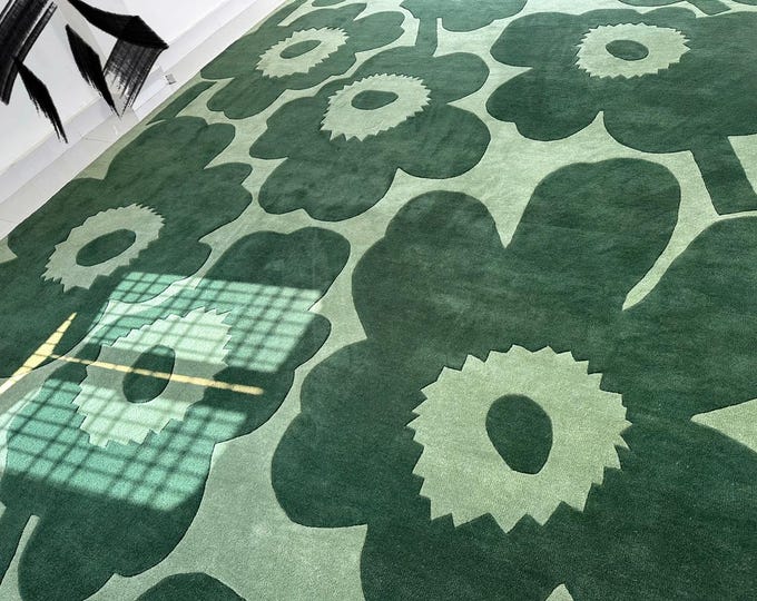 Hand Tufted Modern Green Area Rug – Abstract Floral Wool Carpet – Contemporary Living Room Bedroom