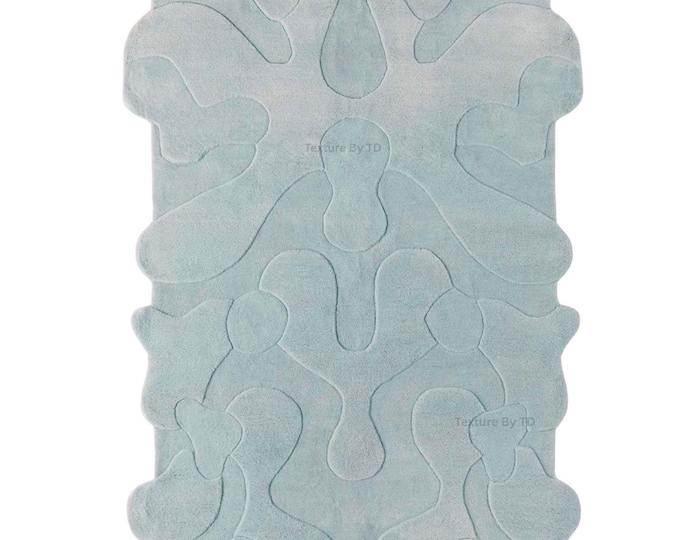 Abstract Tufted Rug, Organic Shape, Pastel Blue Sculptural Carpet, Modern Minimalist Home Decor