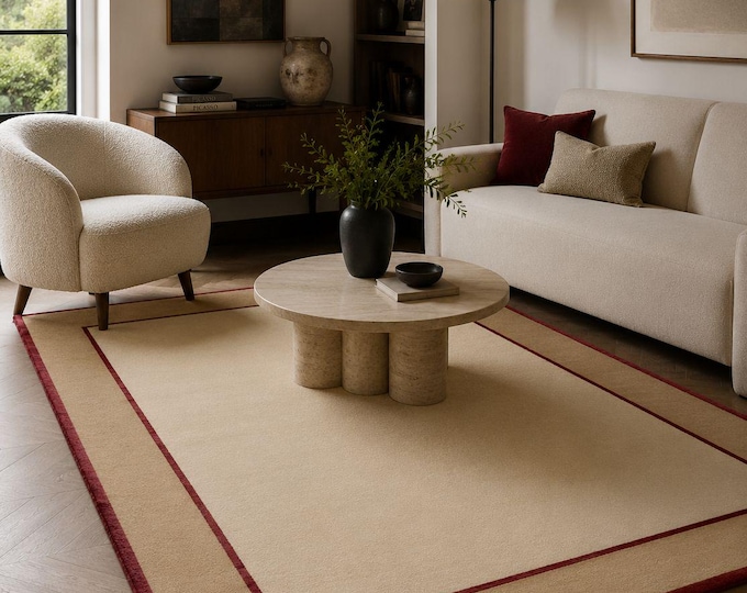 Handloom Wool Carpet, Beige Area Rug with Red Border, Minimalist Living Room Decor