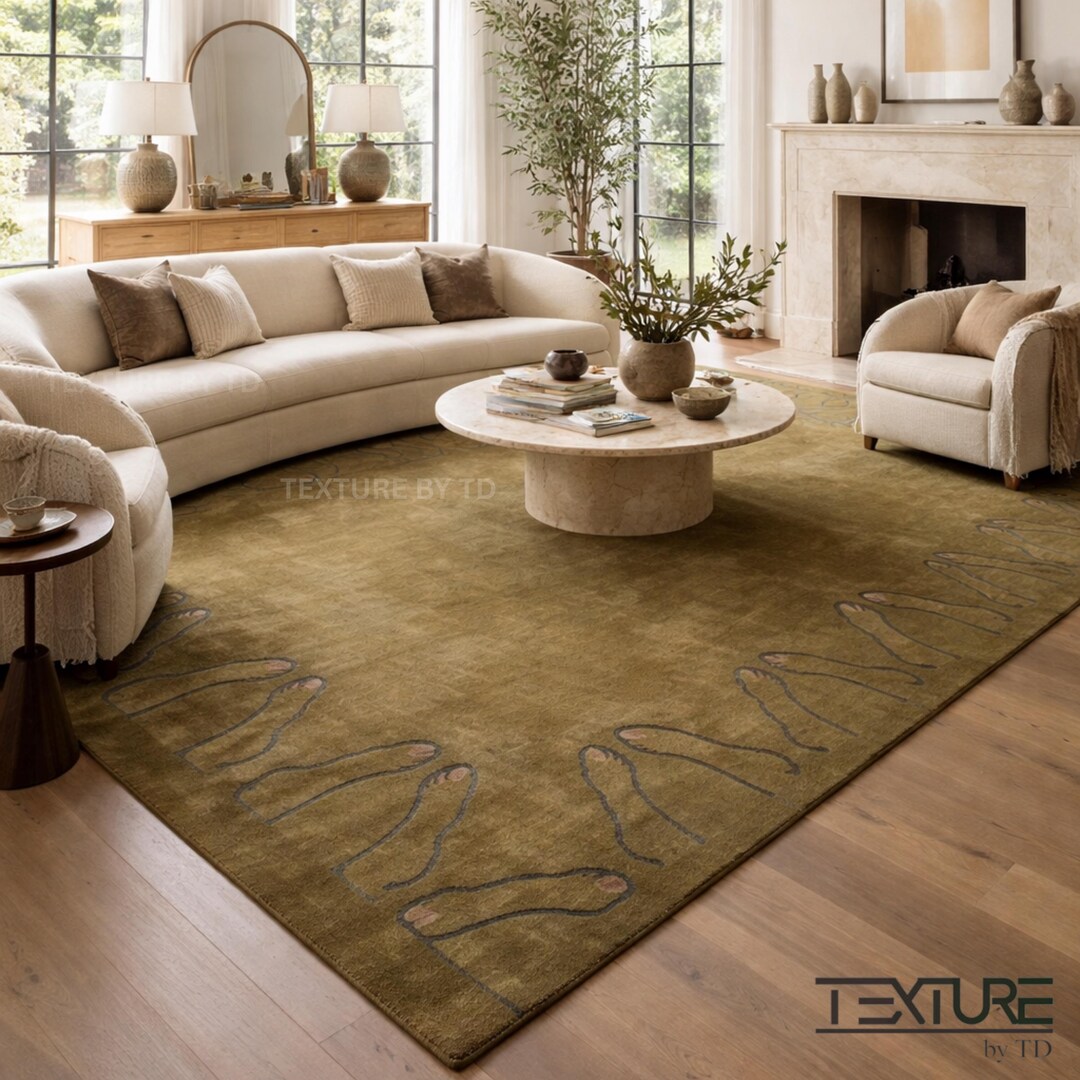 Touchdown Rugs TD Olive Wool & Silk Rug With Modern Abstract Border Design for Living ...